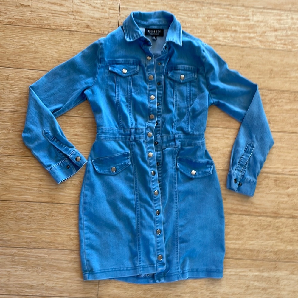 C’Est Toi Denim Snap Up collared long sleeve mini dress.